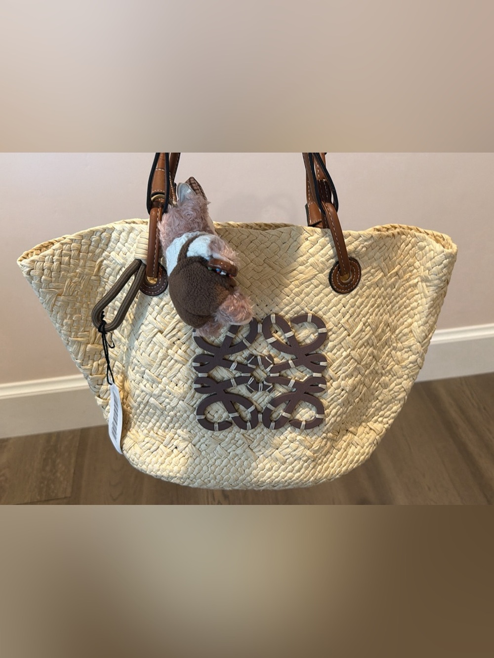 Loewe Straw Tote Bag with cute bear charm
